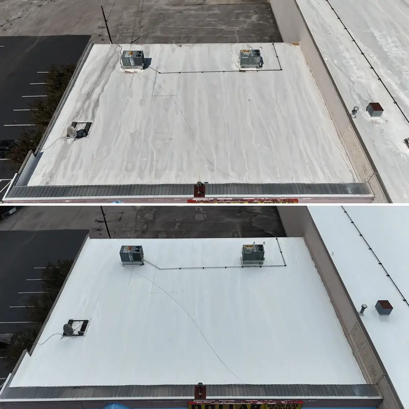 Aerial of a commercial flat roof before and after cleaning