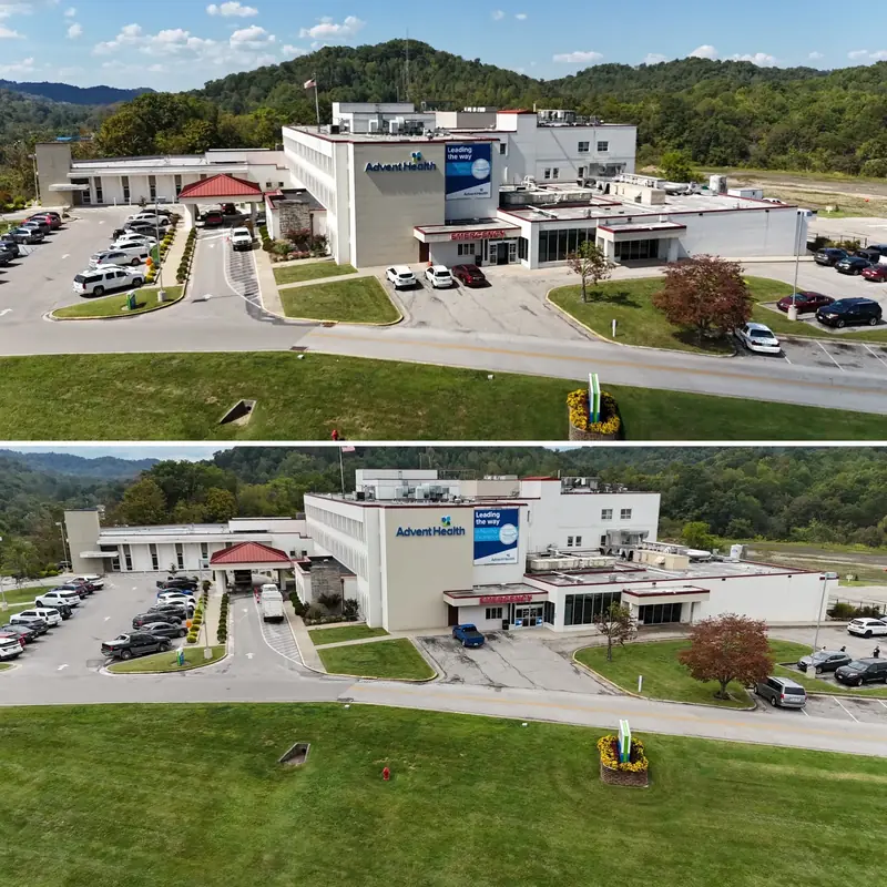 Aerial of a hospital campus after commercial exterior cleaning