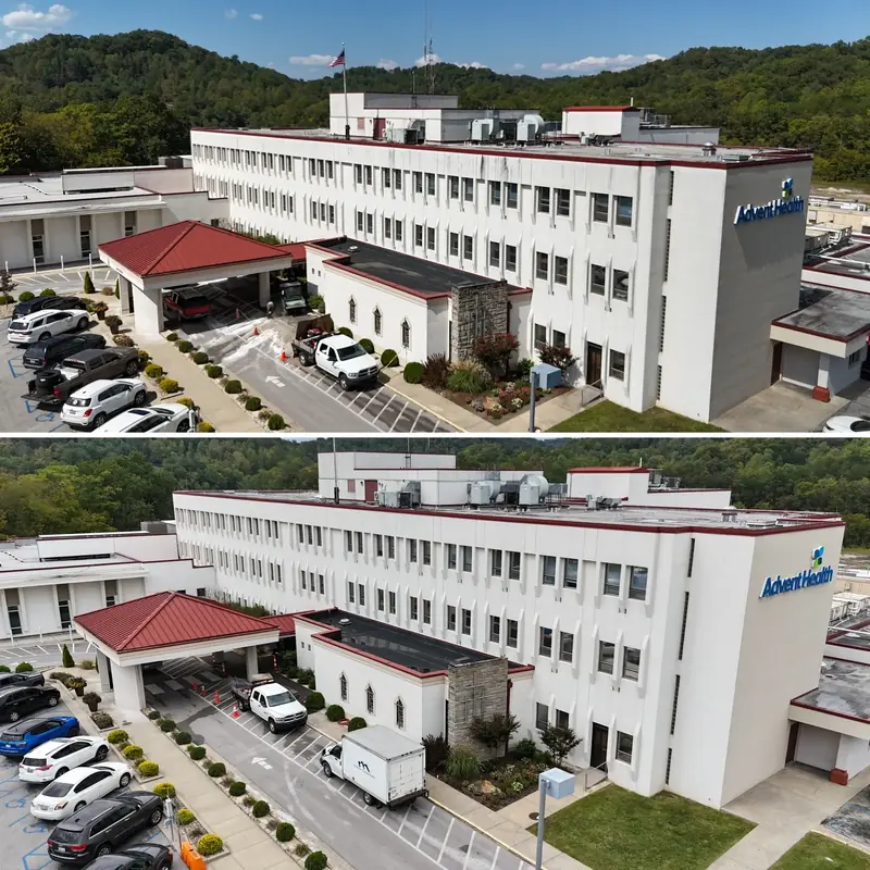 Hospital main building before and after commercial soft washing