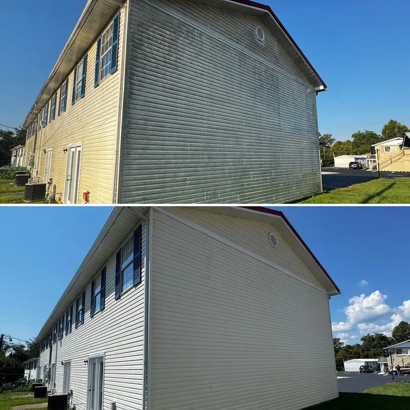 Two-story siding before and after soft washing, green algae removed
