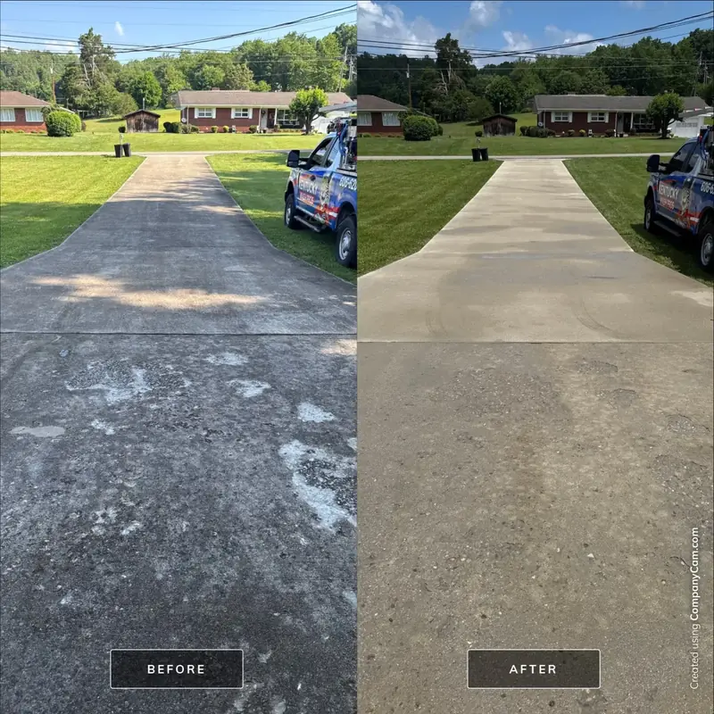 Long residential driveway before and after pressure washing