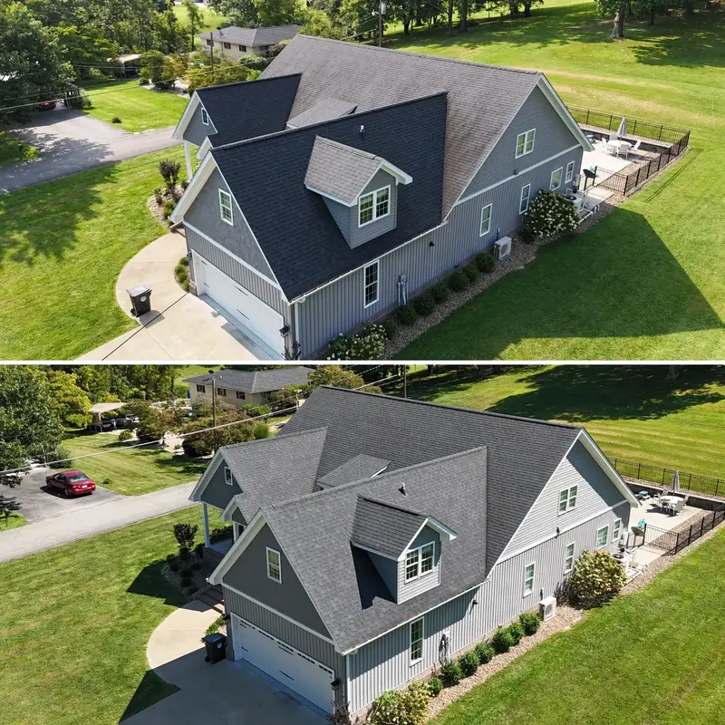 Aerial view of a home's roof before and after roof cleaning