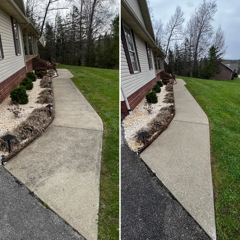 Side walkway beside a house before and after concrete cleaning