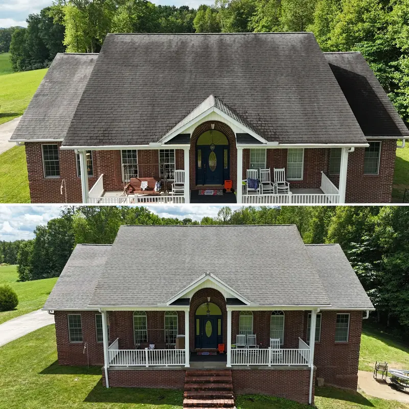 Brick single-family home before and after roof cleaning