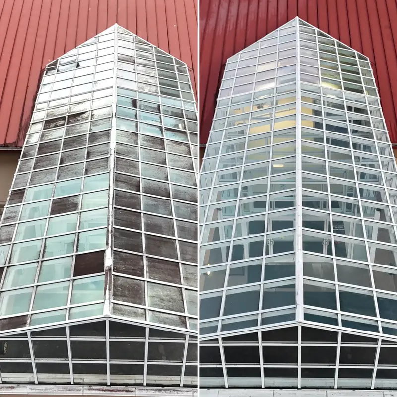Dirty versus clean glass skylight panels side by side
