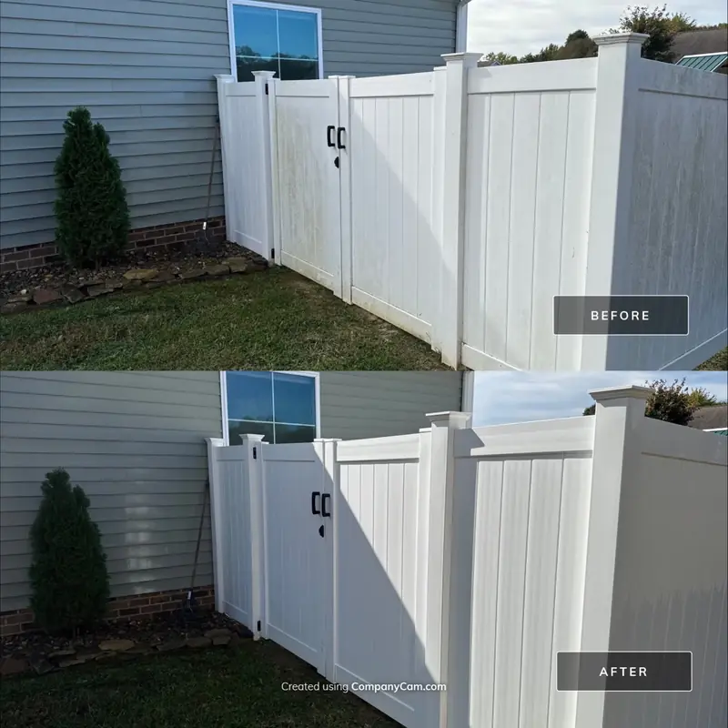 White vinyl privacy fence and gate before and after cleaning